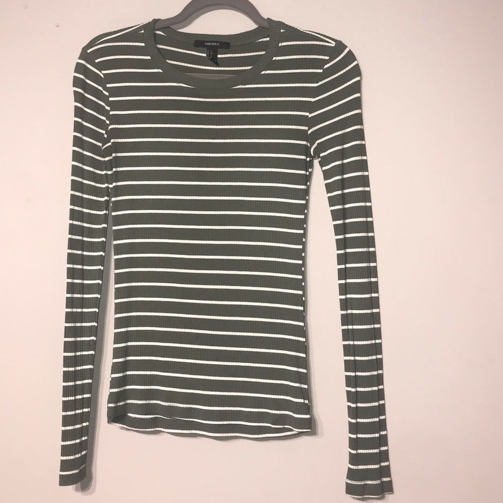 Olive green and white striped long sleeve shirt
